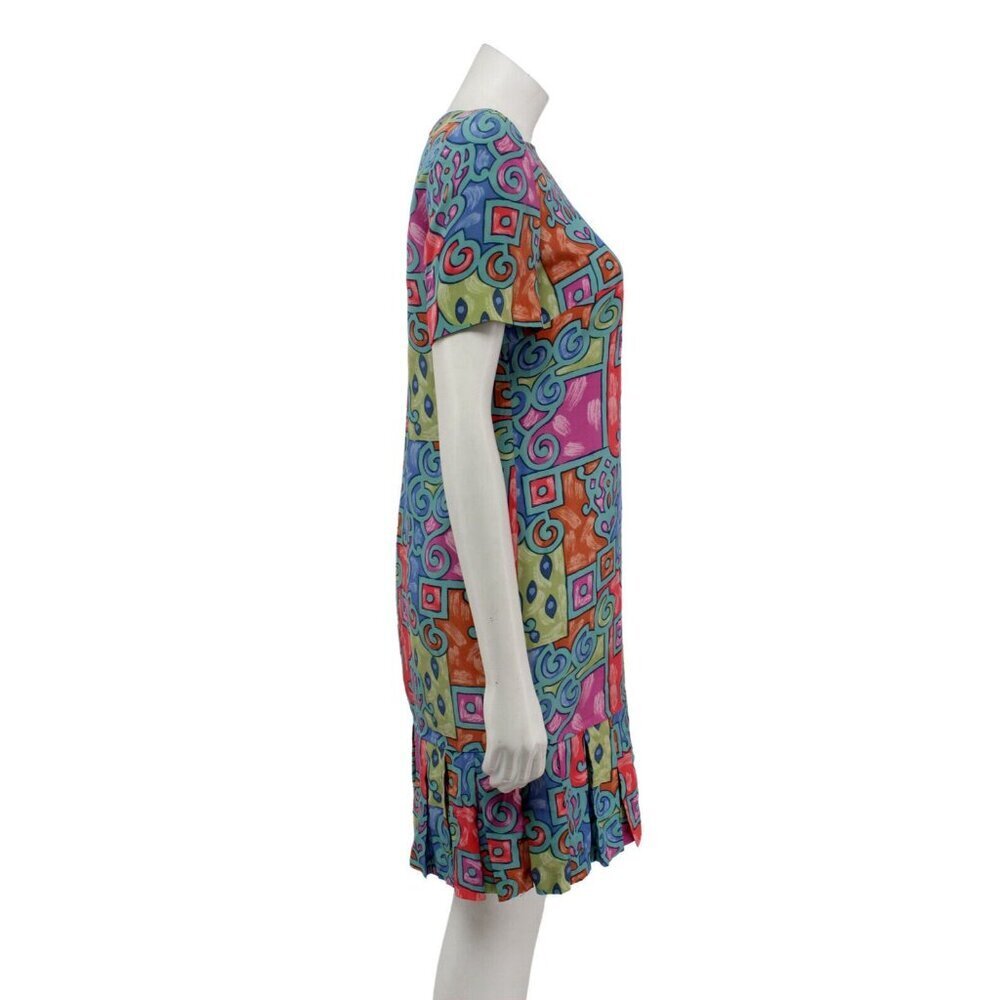 Vintage 80s Liz Claiborne Dress Size 6 Colorful Print Silk Drop Waist Pleat Hem - Picture 3 of 6